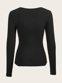 SHEIN MOD Cut Out Front Ribbed Knit Tee - Black - View 2