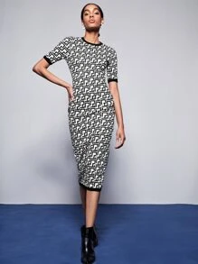 Modelyn 滿版幾何圖案撞色滾邊緊身連衣裙 - 黑與白 - 查看 5