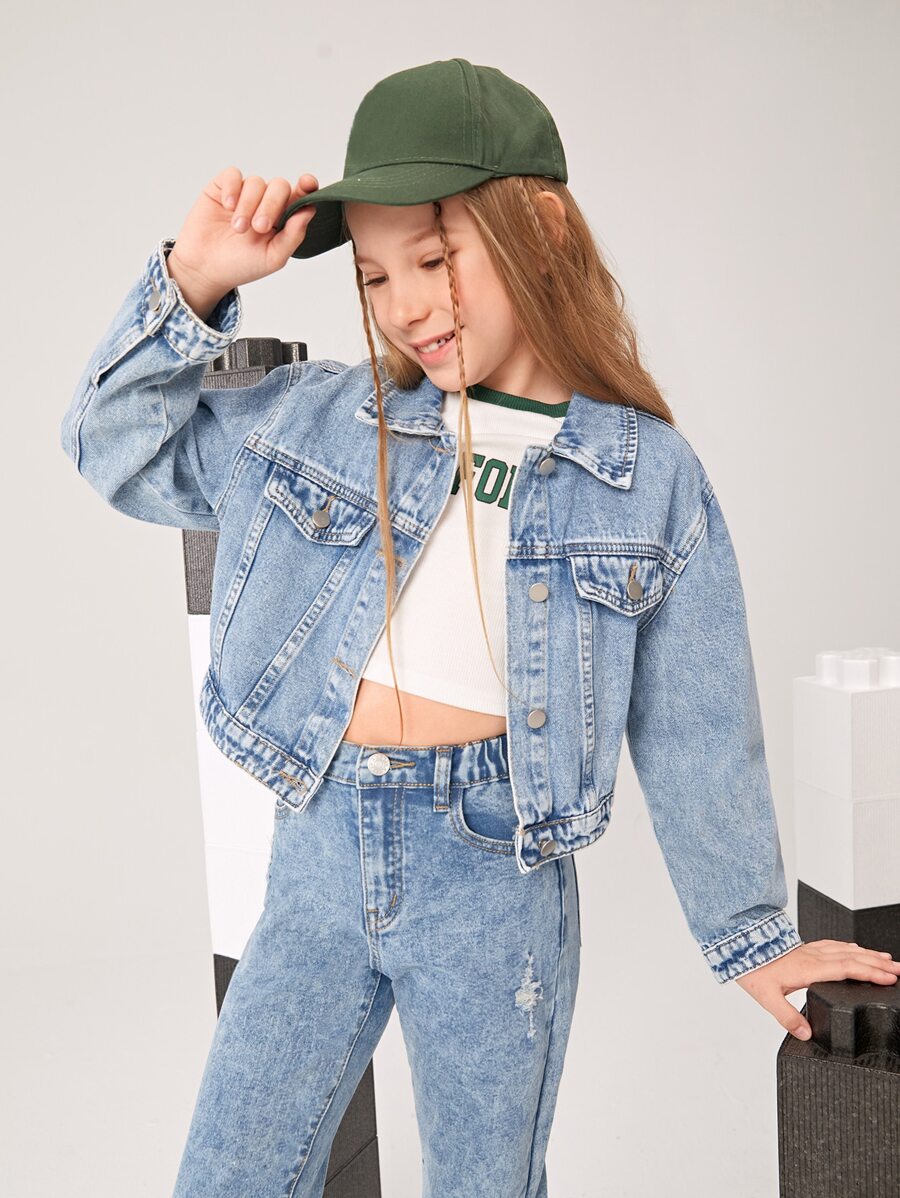Girls 1pc Flap Detail Denim Jacket - Light Wash - View 1