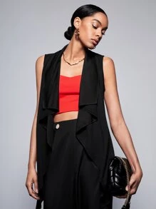 BizChic Solid Waterfall Collar Belted Vest - Black - View 1