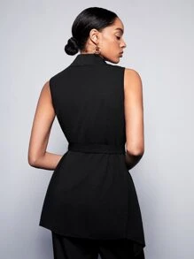 BizChic Solid Waterfall Collar Belted Vest - Black - View 2