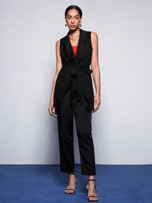 BizChic Solid Waterfall Collar Belted Vest - Black - View 3