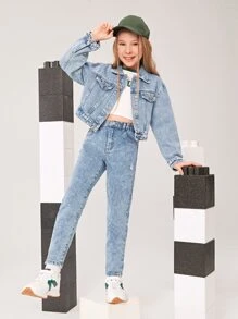 Girls 1pc Flap Detail Denim Jacket - Light Wash - View 3