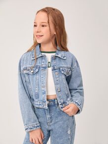 Girls 1pc Flap Detail Denim Jacket - Light Wash - View 4
