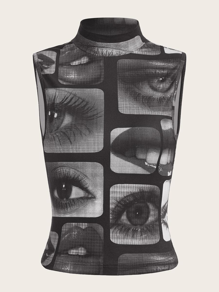 SHEIN ICON Figure Graphic Mock Neck Tank Top - Multicolor - View 1