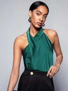 BizChic Twist Detail Halter Top Workwear - Dark Green - View 12