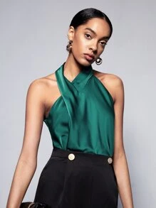 BizChic Twist Detail Halter Top Workwear - Dark Green - View 7