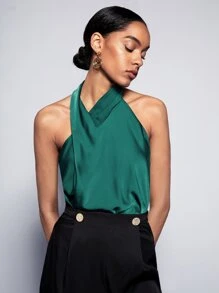 BizChic Twist Detail Halter Top Workwear - Dark Green - View 9