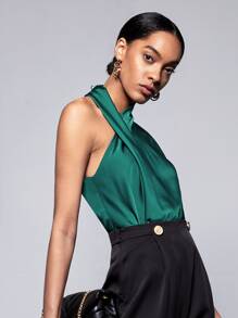 BizChic Twist Detail Halter Top Workwear - Dark Green - View 11