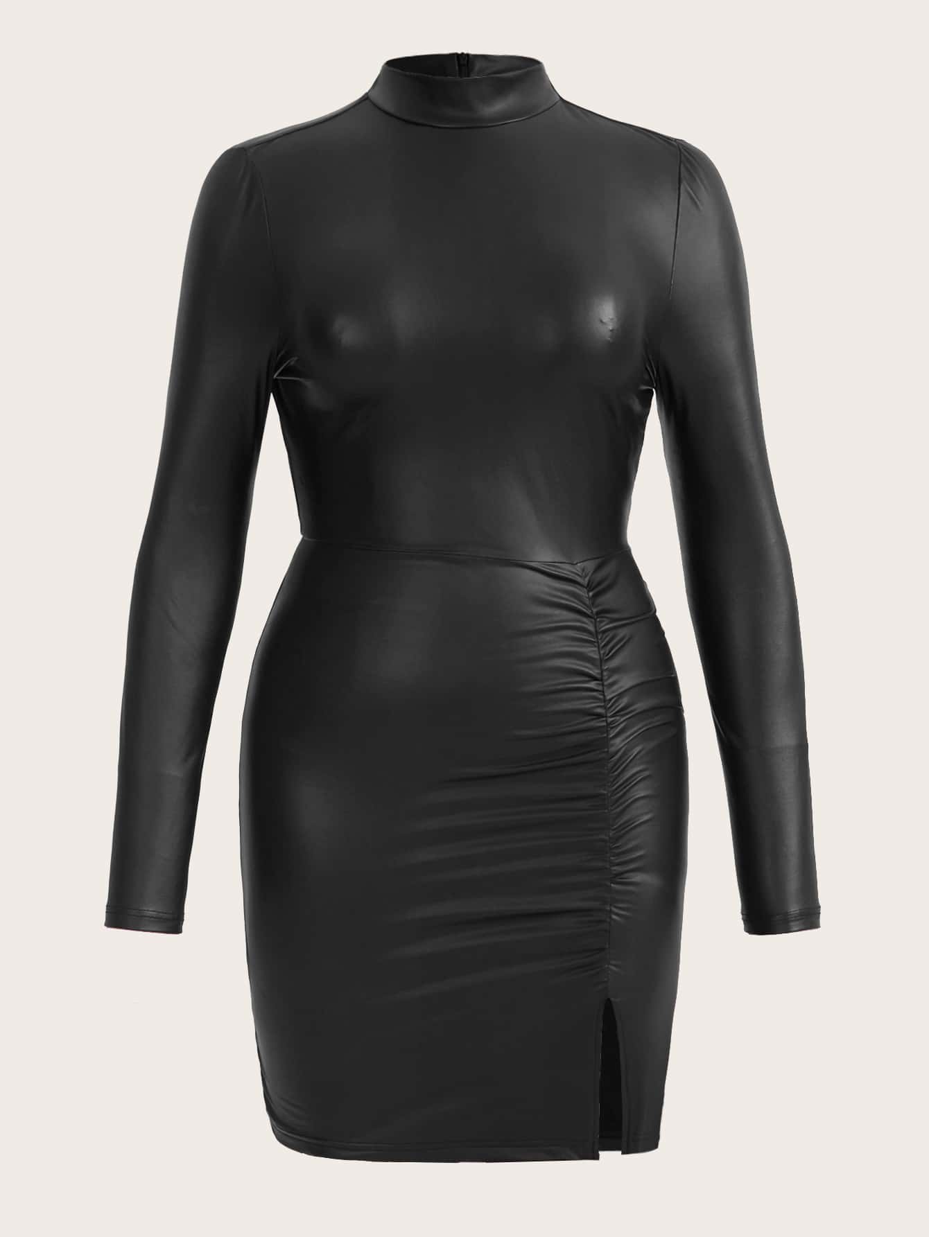 SHEIN ICON Plus Mock Neck Ruched Split Hem Dress - Black - View 1