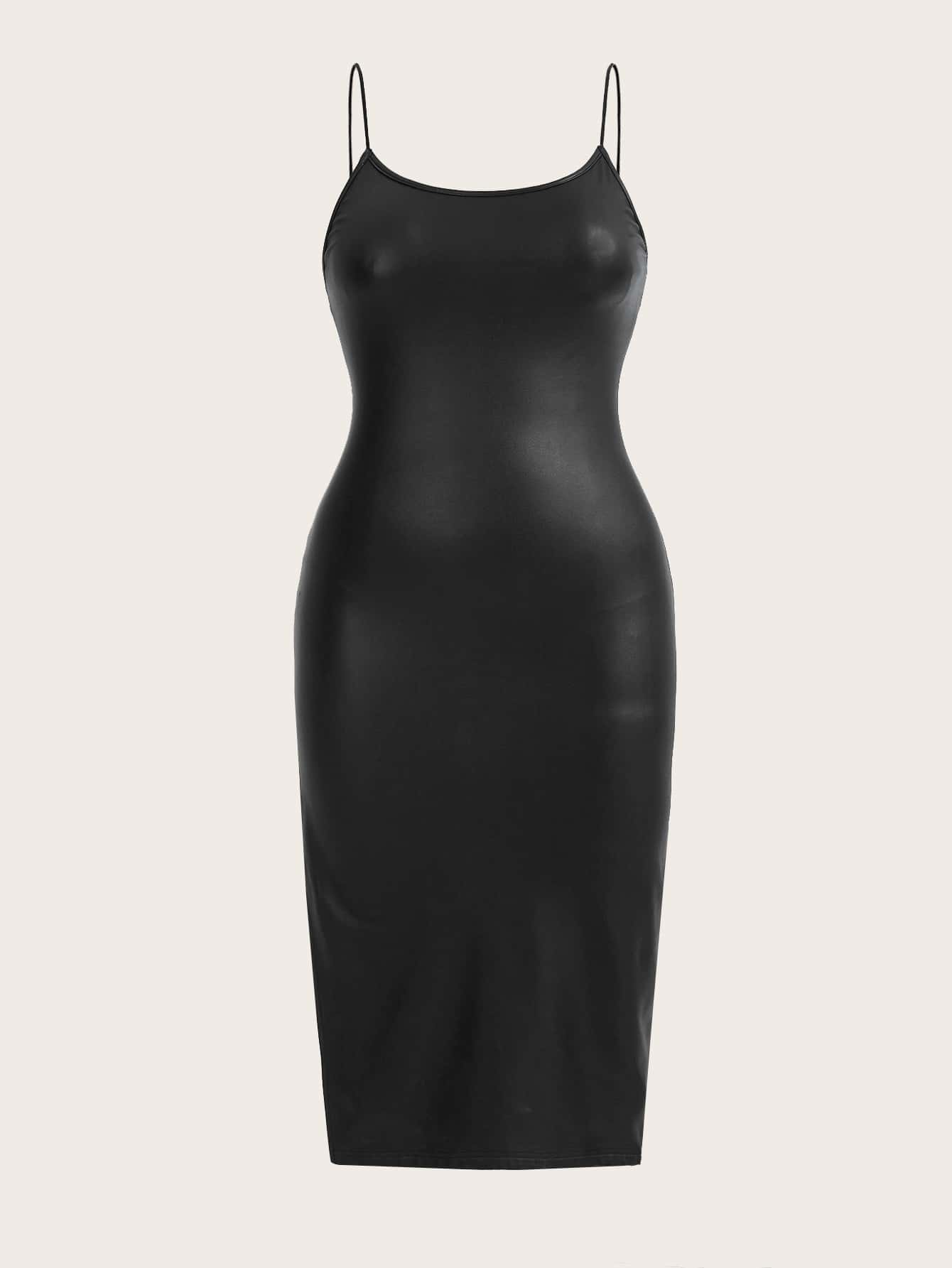 SHEIN Privé 大碼高衩PU皮革吊帶洋裝 - 黑色 - 查看 1