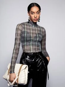 BizChic Mock Neck Plaid Print Top Workwear - Multicolor - View 5