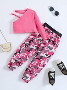 SHEIN 小女童不對稱領短款上衣和迷彩印花長褲 - 彩色 - 查看 2