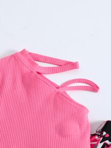 SHEIN 小女童不對稱領短款上衣和迷彩印花長褲 - 彩色 - 查看 3