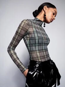 BizChic Mock Neck Plaid Print Top Workwear - Multicolor - View 11