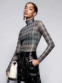 BizChic Mock Neck Plaid Print Top Workwear - Multicolor - View 3