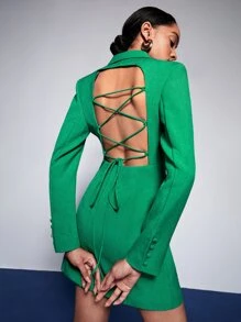 BizChic Lace Up Open Back Blazer Dress Workwear - Green - View 1
