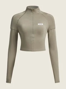 SHEIN ICON Spring Outfits 3 Colors Half Turtle Neck Zipper Plain Slim Fit Long Sleeve T-Shirt - Khaki - View 1