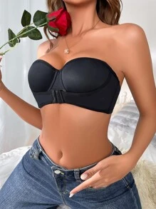 Women Black Casual Push Up Strapless Bra With Front Button Closure - Black - View 8