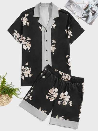 Manfinity 男士印花拼接邊襯衫和短褲