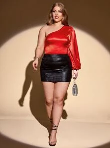 SHEIN Unity 大碼單肩燈籠袖緞面襯衫 - 紅色 - 查看 3