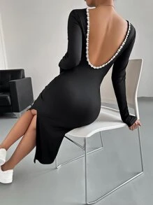SHEIN BAE Pearls Beaded Backless Split Thigh Bodycon Dress - Black - View 1