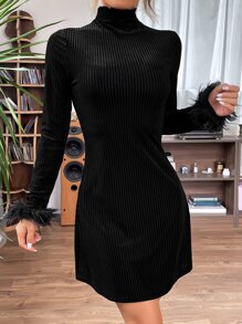 SHEIN BAE 毛茸茸袖口小高領絲絨緊身連衣裙 - 黑色 - 查看 3