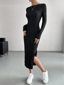 SHEIN BAE Pearls Beaded Backless Split Thigh Bodycon Dress - Black - View 4