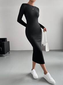 SHEIN BAE Pearls Beaded Backless Split Thigh Bodycon Dress - Black - View 5