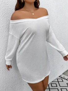 SHEIN Essnce 大碼一字肩螺紋針織落肩袖洋裝 - 白色 - 查看 4