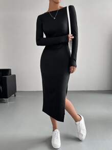 SHEIN BAE Pearls Beaded Backless Split Thigh Bodycon Dress - Black - View 6