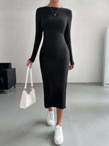 SHEIN BAE Pearls Beaded Backless Split Thigh Bodycon Dress - Black - View 7