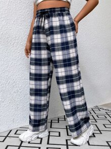 SHEIN EZwear Pantalones con estampado de cuadros de cintura con cordón - Multicolor - Ver 1