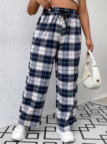 SHEIN EZwear Pantalones con estampado de cuadros de cintura con cordón - Multicolor - Ver 5