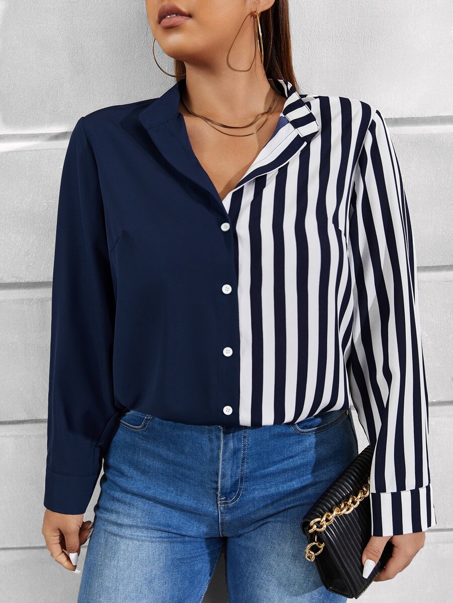Celure Plus Striped Print Button Front Shirt - Navy Blue - View 1