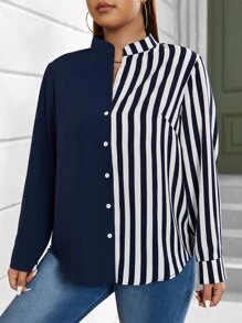 Celure Plus Striped Print Button Front Shirt - Navy Blue - View 3