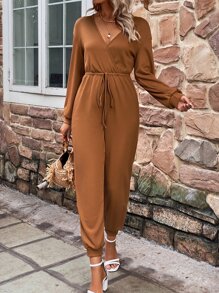 SHEIN LUNE Surplice Neck Drop Shoulder Knot Front Jumpsuit - Brown - View 1