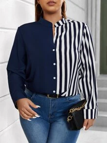 Celure Plus Striped Print Button Front Shirt - Navy Blue - View 4