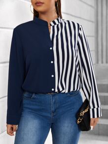 Celure Plus Striped Print Button Front Shirt - Navy Blue - View 5