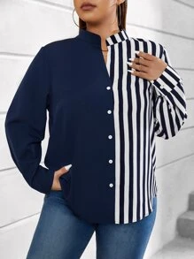 Celure Plus Striped Print Button Front Shirt - Navy Blue - View 6
