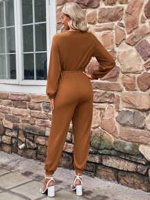 SHEIN LUNE Surplice Neck Drop Shoulder Knot Front Jumpsuit - Brown - View 2