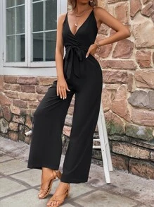 SHEIN LUNE 交疊領腰帶吊帶連體褲 - 黑色 - 查看 3