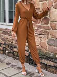 SHEIN LUNE Surplice Neck Drop Shoulder Knot Front Jumpsuit - Brown - View 3