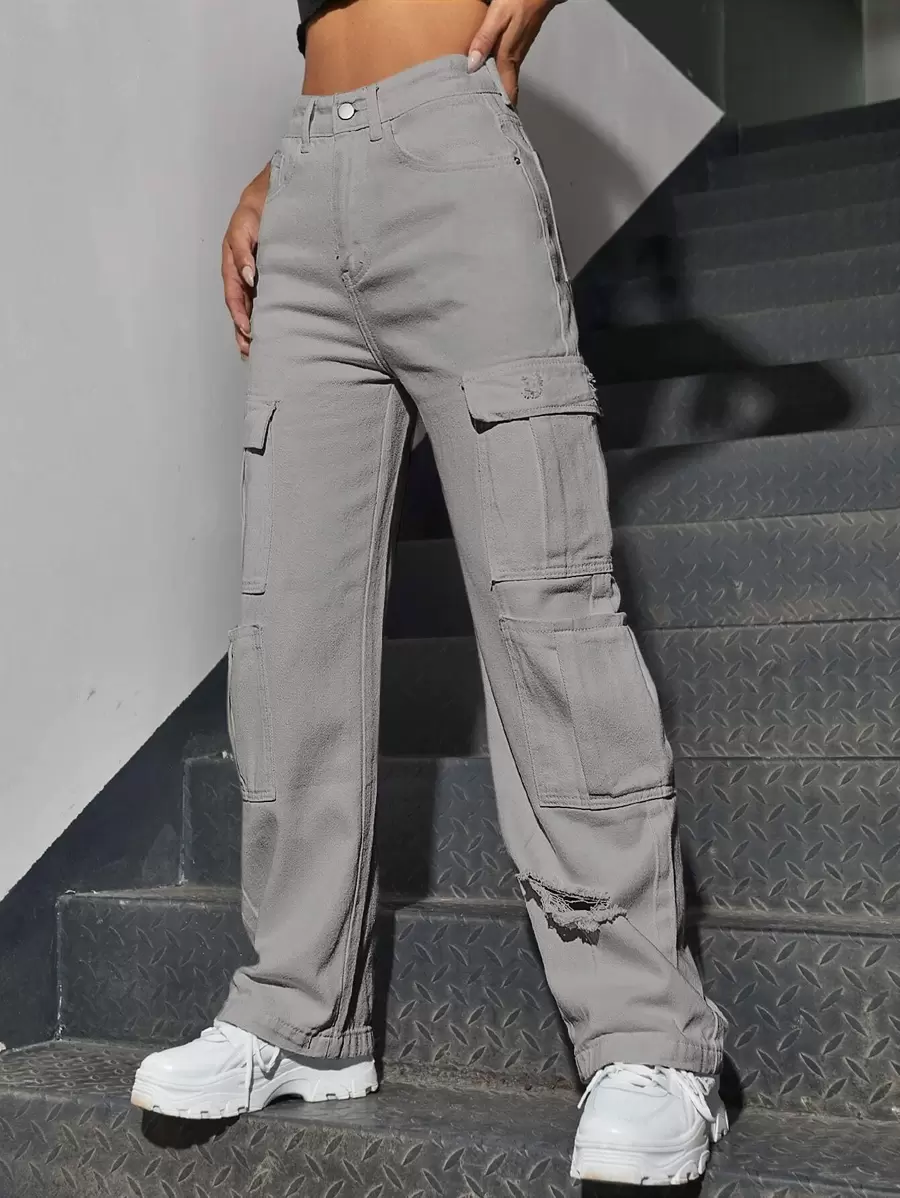 SHEIN EZwear 高腰西部運輸褲戰鬥褲寬腿休閒裝八袋破爛牛仔褲 - 灰色 - 查看 1