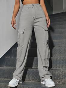 SHEIN EZwear 高腰西部運輸褲戰鬥褲寬腿休閒裝八袋破爛牛仔褲 - 灰色 - 查看 5