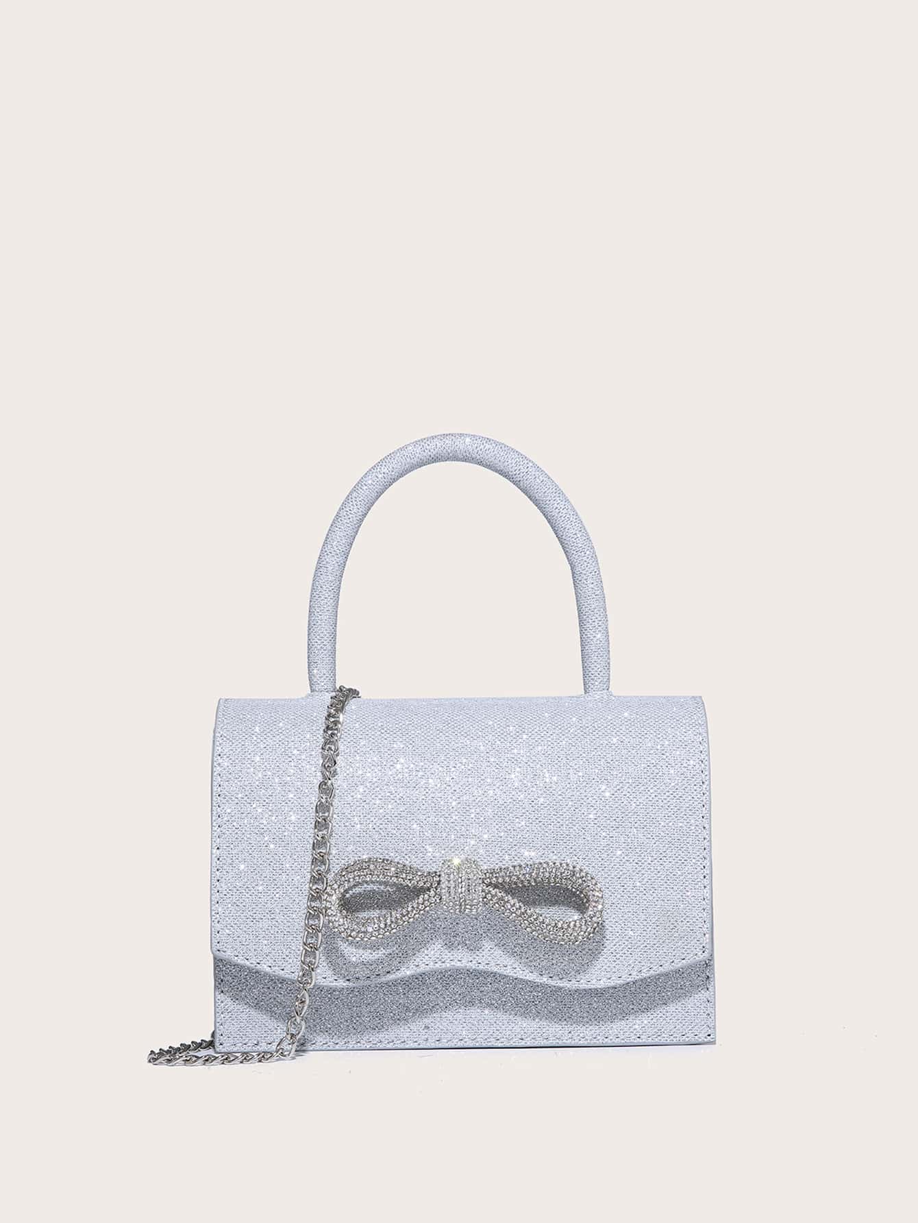 Shiny PU Leather Party Clutch Bag With Rhinestone Bowknot And Shoulder Strap, For Evening Event - Silver - View 1