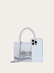 Shiny PU Leather Party Clutch Bag With Rhinestone Bowknot And Shoulder Strap, For Evening Event - Silver - View 3