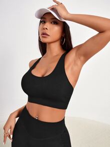 Cutout Racer Back Sports Bra - Black - View 1