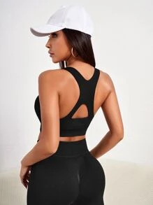 Cutout Racer Back Sports Bra - Black - View 2