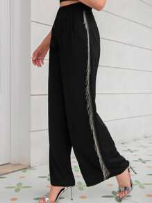 D&M Chain Fringe Trim Wide Leg Trousers - Black - View 1